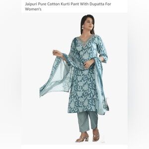 Ocean Blue Jaipuri Pure Cotton Kurti Pant With Dupatta For Women's